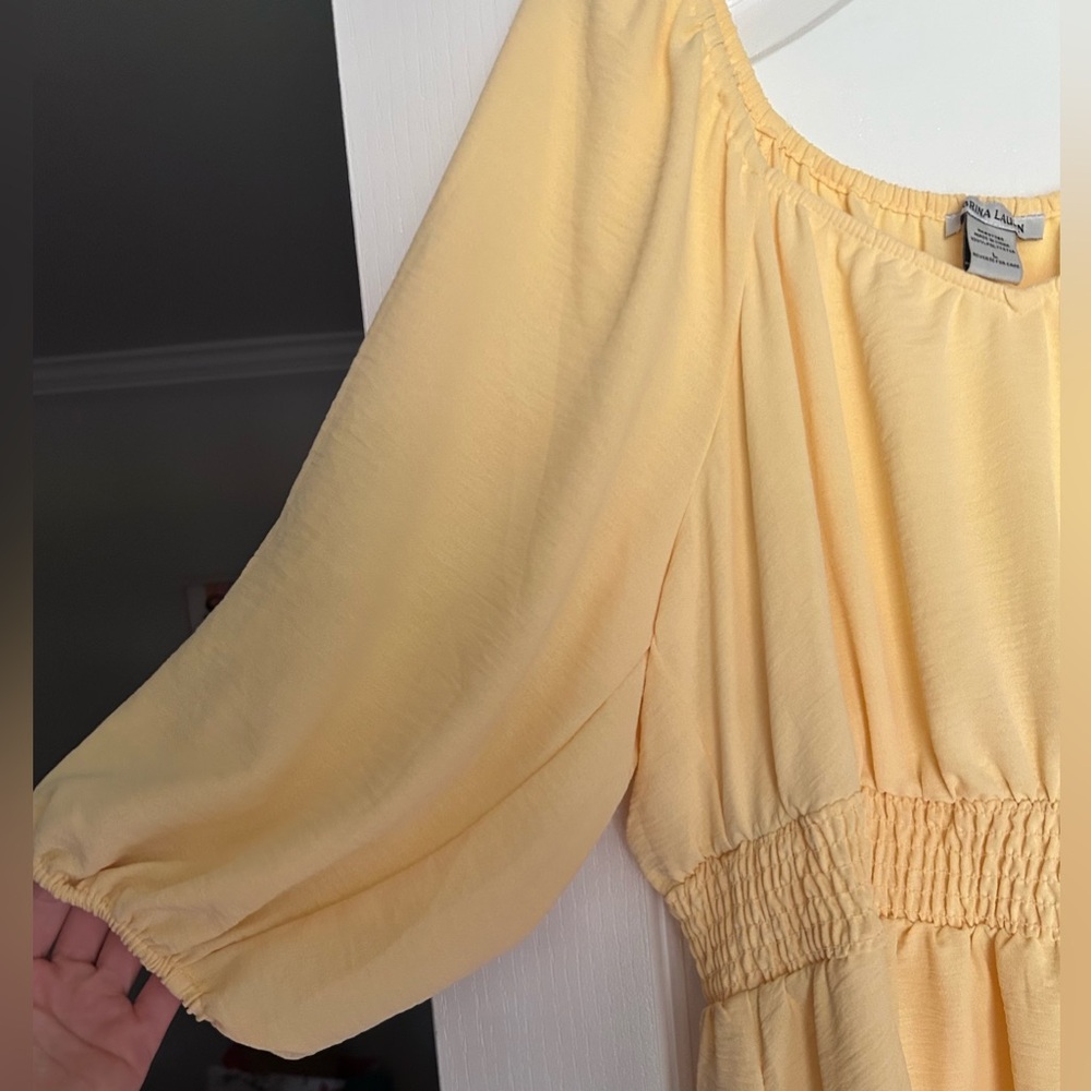 SABRINA LAUREN Butter Yellow Puff Sleeve Sweetheart Peasant Dress Cottage | Sz L - Picture 4 of 12